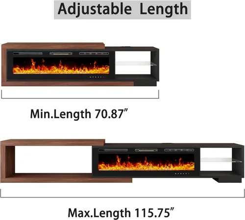 Vista 8 de Soporte de TV extensible con chimenea eléctrica de 71 a 116 pulgadas, moderno centro de entretenimiento con luces LED y toma de corriente para TV