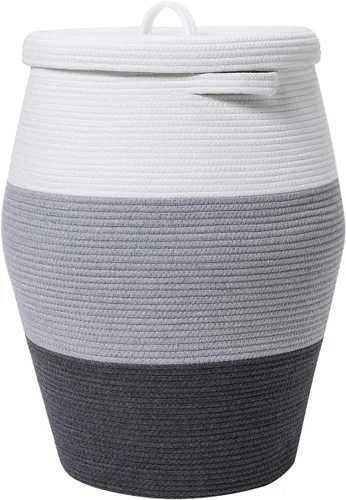 Vista 11 de Cesta alta de cuerda de algodón hecha a mano de 26"x20" con tapa, elegante forma de frasco con cubierta, cesto para ropa con tapa, para dormitorio