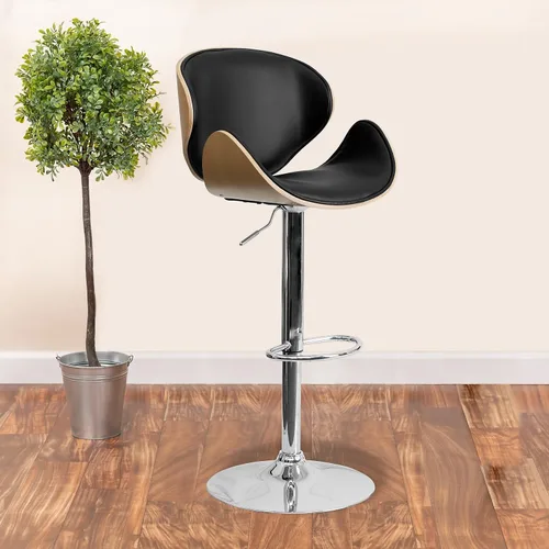 Vista 2 de Taburete de bar Flash Furniture de madera de haya con altura ajustable y asiento y respaldo de vinilo negro curvado, Espuma Madera Vinilo, Hayedo