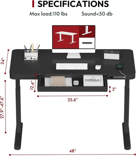 Vista 3 de SANODESK Escritorio eléctrico de una pieza ajustable en altura con cajón Negro
