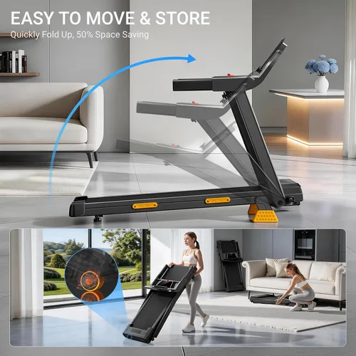 Vista 7 de Cintas de correr para el hogar con 16% de inclinación y pantalla LED, cinta de correr plegable de 7 capas que absorbe los golpes con barra de mango