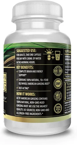 Vista 3 de Actif Ginseng americano - 100% auténtico ginseng de 10 años, sin OMG, 500 mg - Fabricado en Estados Unidos