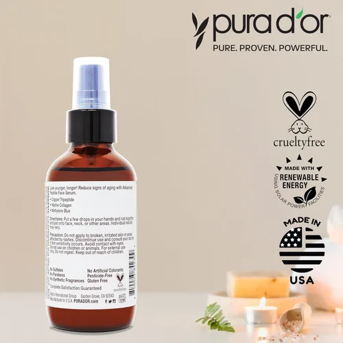 Vista 6 de PURA D'OR Suero facial antienvejecimiento con péptido avanzado de 3.3 onzas con 1% de tripéptido de cobre, azul de metileno, colágeno marino, ácido