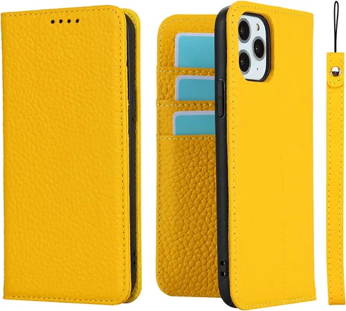 Vista 14 de iCoverCase Compatible con iPhone 11 Pro Max, funda magnética de piel auténtica con bloqueo RFID, correa para la muñeca y ranuras para tarjetas