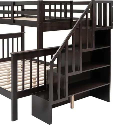 Vista 5 de Harper & Bright Designs Litera individual sobre tamaño matrimonial con escaleras y almacenamiento, cama alta de madera de pino maciza para niños