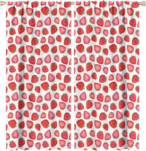 Vista 35 de Cortinas bohemias con diseño de fresas, bonitas cortinas bohemias con bolsillo para barra de fruta, tratamiento de ventana para cocina, sala
