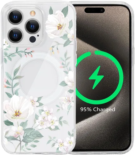Vista 18 de Funda magnética de flores para iPhone 15 [compatible con MagSafe] Bonito patrón floral transparente a prueba de golpes