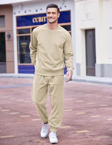 Vista 4 de COOFANDY Conjunto deportivo de 2 piezas para hombre, sudadera de manga larga, sin botones, para deportes, casual, fitness, trotar