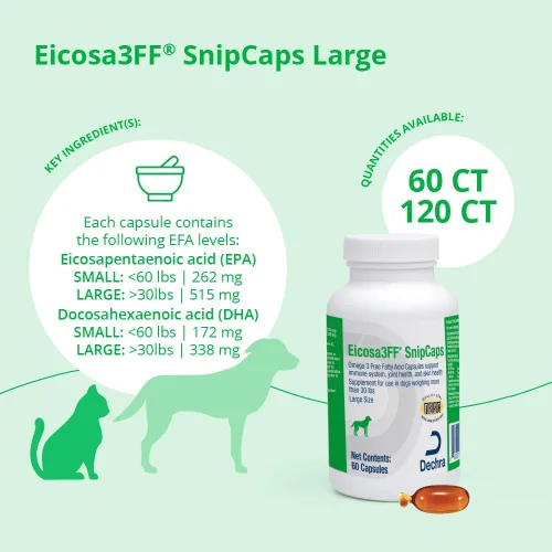 Vista 3 de Eicosa3FF SnipCaps Omega 3 Cápsulas de ácidos grasos gratis para perros, grandes, 60 unidades For Dogs Weighing more than 30 lbs; Support Immune
