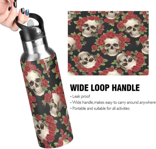 Vista 4 de BPA-Free Sport Water Bottle 32 Oz, Stainless Steel Water Bottle for Gym Outdoor Travel School, Skulls Vibrant Red Roses