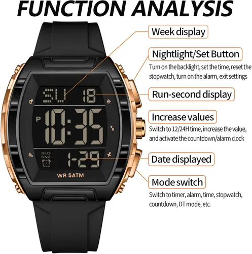 Vista 4 de findtime Digital Watch Tonneau Large Number Waterproof Watches for Men Women Alarm Stopwatch Countdown LED Unique Sports Wristwatch Shockproof Watch