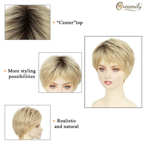 Vista 4 de Creamily Peluca corta rubia de corte Pixie con flequillo para mujer, pelucas sintéticas en capas onduladas con raíces oscuras para mujer, peluca