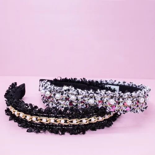 Vista 3 de FROG SAC 2 diademas con cuentas para mujer, bandas de pelo de perlas rosas para mujer, diadema de moda, accesorios para el cabello, diademas de tweed