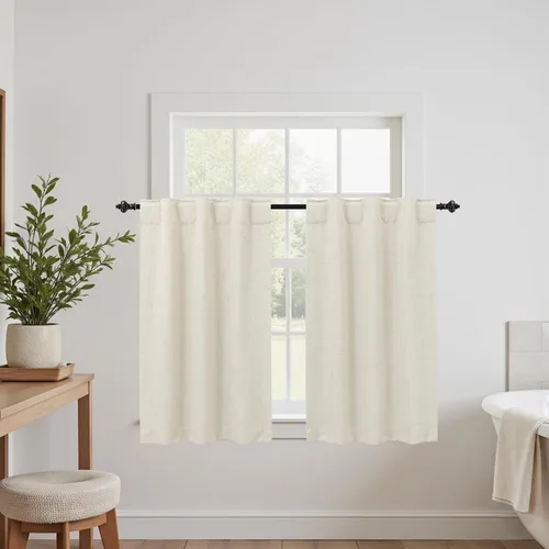 Vista 3 de KOUFALL Cortinas opacas de lino de 24 pulgadas de largo, cortinas térmicas cortas para oscurecer la habitación, cortina de baño para cocina sobre