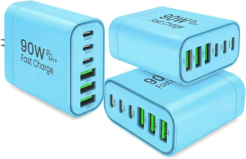 Vista 16 de Bloque de cargador USB C GaN de 90 W, cargador de pared USB C de 6 puertos de carga rápida, adaptador de corriente PD de 45 W para iPhone 17Pro