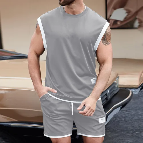 Vista 2 de Conjunto de pantalones cortos de verano para hombre, camiseta sin mangas y pantalones cortos, conjuntos deportivos con ribete de moda, camisa sin
