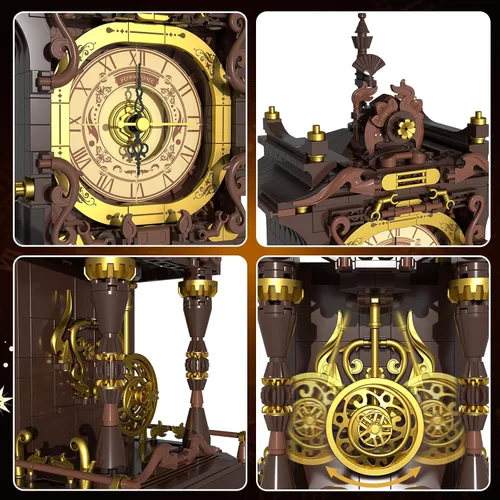 Vista 4 de Juego de bloques de construcción de reloj de péndulo vintage, péndulo móvil que funciona realmente y esfera giratoria, juguetes de bloques