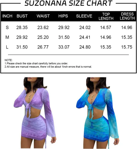 Vista 6 de Sexy Two Pieces Outfit for Women Clubwear Long Sleeve Crop Top Mini Skirt Set Bandage Swimsuits