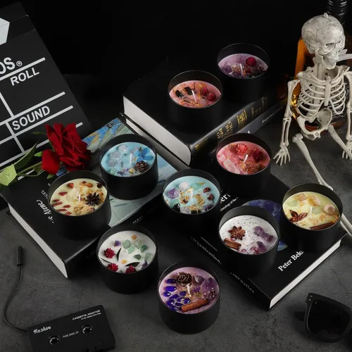 Vista 7 de Paquete de 12 tarros de velas, latas de velas de 4 onzas con tapas de impresión de grano de madera de metal, tarros de velas de metal vacíos