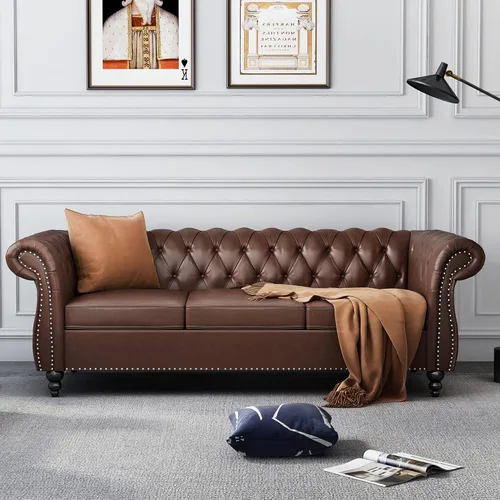 Vista 23 de AVZEAR Sofá Chesterfield de 84 pulgadas, 3 plazas, sofá clásico de cuero PU con brazos enrollados y respaldo con botones capitoné, sofá tipo canapé