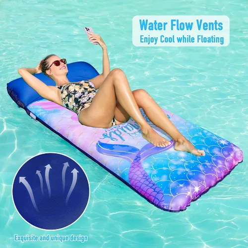 Vista 2 de Flotadores de piscina de gran tamaño para adultos, 72 x 38 pulgadas, flotador de piscina cubierto de tela extra grande con reposacabezas, flotadores