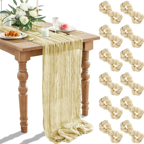 Vista 9 de Paquete de 12 caminos de mesa de gasa arrugada de 35 x 120 pulgadas, estilo bohemio, centros de mesa románticos para mesas, mantel versátil