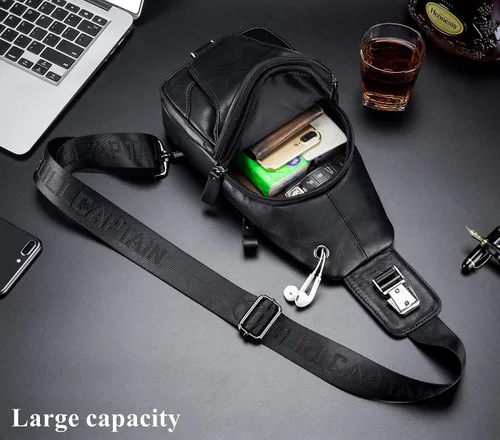 Vista 6 de BULLCAPTAIN Mochila bandolera de cuero genuino para hombre, multibolsillo, bandolera, bolsas de pecho, viajes, senderismo, mochila
