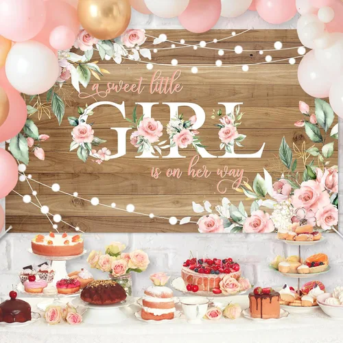 Vista 3 de Avezano Cartel rústico para baby shower con texto en inglés "A Sweet Little Girl is on Her Way", decoración de fiesta de baby shower, pancarta