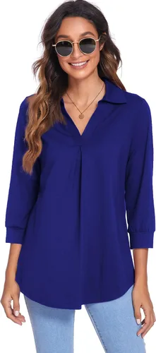 Vista 9 de Newchoice Womens Collared V Neck 34 Sleeve Shirts Business Casual Tops Loose Work Blouses (M-3XL)