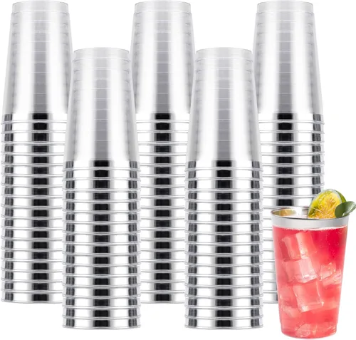 Vista 11 de Goodluck 50 piezas de vasos de plástico de 10 onzas para fiesta, vasos desechables plateados, vasos de cóctel de plástico para boda, Acción de Plata