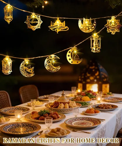 Vista 4 de Luces de Ramadán Eid Mubarak, decoraciones de Ramadán para el hogar, 10 luces LED Eid Mubarak, guirnalda de luces de luna y estrella, linterna Eid