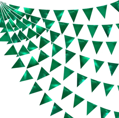 Vista 36 de Banderín de color verde azulado y aguamarina en forma de triángulo, bandera de tela metálica oscura, banderines de guirnalda de algodón