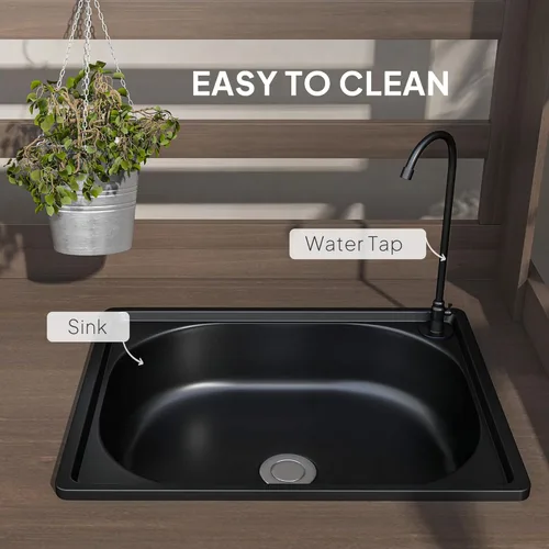 Vista 3 de Outsunny Banco de Jardinería Exterior de Madera con Mesa y Fregadero y Grifo, Estación de Trabajo de Jardín con Gabinete de Almacenamiento, Estantes