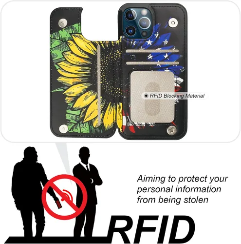 Vista 4 de HAOPINSH Funda tipo cartera para iPhone 12/12 Pro - Bandera americana Girasol, tarjetero, cuero sintético, soporte, cierre magnético doble, a prueba