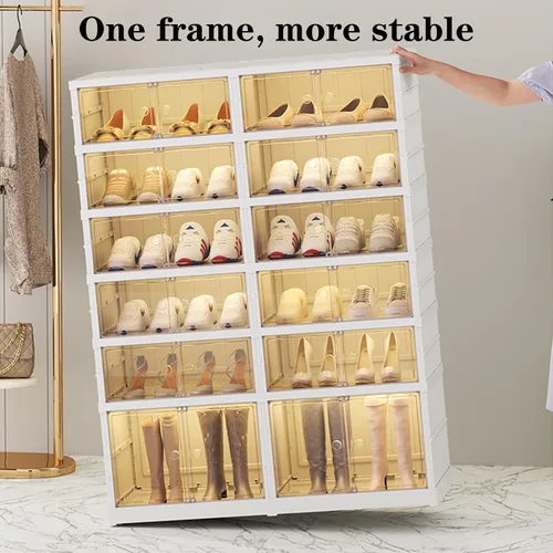 Vista 6 de Organizador plegable para zapatos, almacenamiento de zapatos apilable de 6 niveles con puerta transparente magnética, organizador grande de plástico