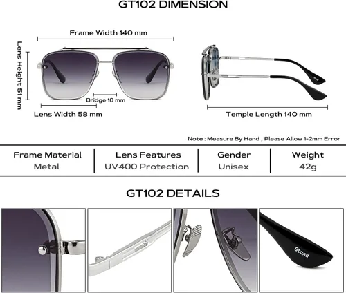 Vista 5 de Gtand Gafas de sol cuadradas de moda de moda para mujeres y hombres, gafas de sol de metal vintage