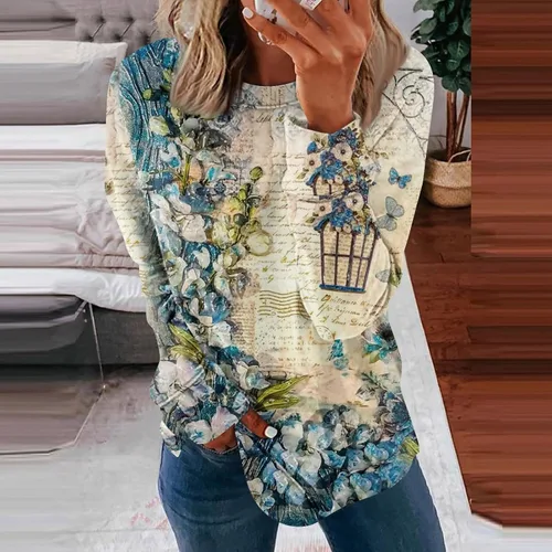 Vista 3 de Camisas de manga larga para mujer, blusa de cuello redondo, casual, moderna, estampada, suéter de ajuste holgado