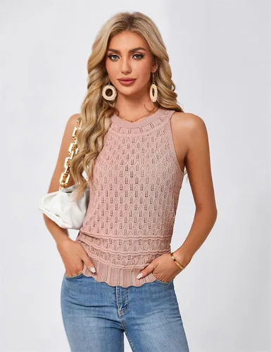 Vista 3 de JASAMBAC Suéter sin mangas para mujer, cuello redondo, ahuecado, elástico, recortado, suéter de punto