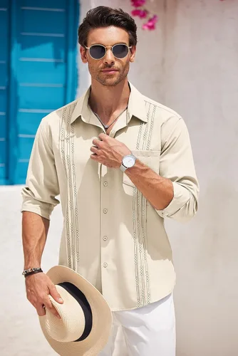 Vista 2 de COOFANDY Men's Cuban Guayabera Shirts Casual Button Down Long Sleeve Beach Shirt