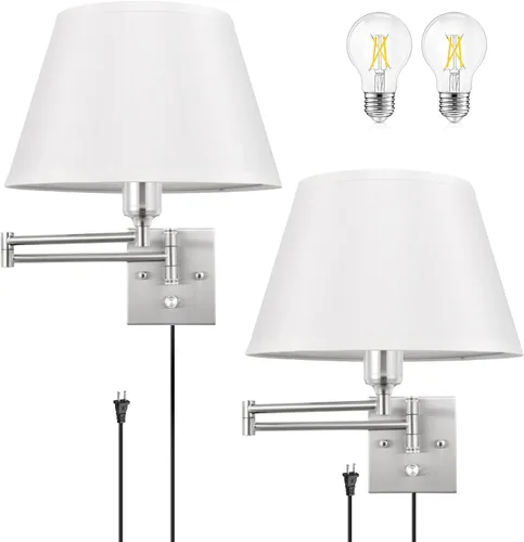 Vista 19 de TRLIFE Aplique de pared enchufable, juego de 2 lámparas de pared regulables con brazo oscilante de níquel cepillado, cable de enchufe y interruptor