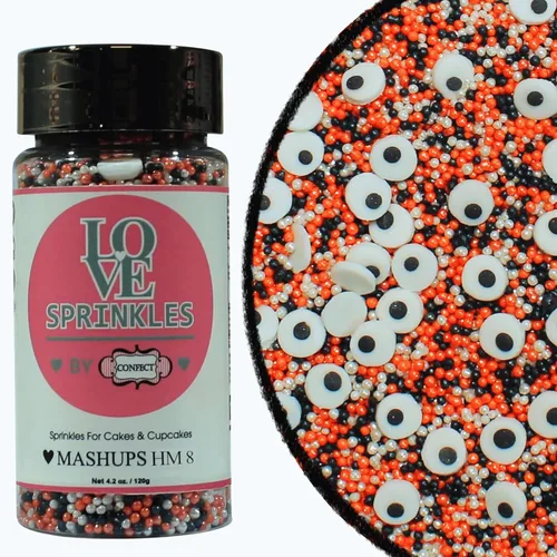 Vista 11 de Confect Mezcla de espolvorear de Halloween – Bolas de discoteca blancas, naranjas, moradas, negras y verdes, ojos de caramelo y jimmies – Gránulos