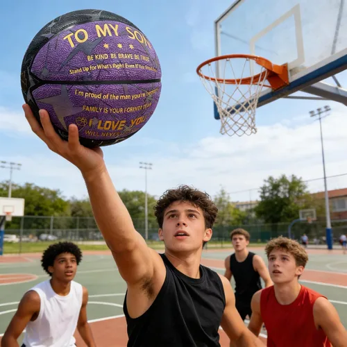 Vista 5 de Baloncesto grabado para hijo nieto que brilla en la oscuridad y holográfico, reflectante de 29.5 pulgadas con bomba de aire, regalo personalizado