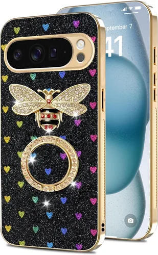 Vista 13 de nancheng Funda para Google Pixel 6 de lujo, diseño de abeja, corazón y abeja, chapado en oro, con anillo de diamante de 360°, correa de cordón