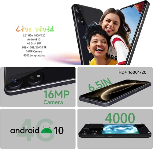 Vista 2 de Nueva pantalla HD+ de 6.5 "teléfonos Android desbloqueados 4G LTE GSM Teléfono celular 2 GB+16 GB/SD 256 GB Android 10 Smartphone 16MP Teléfono