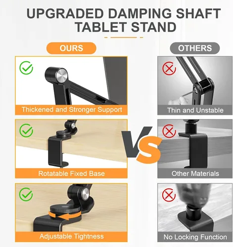 Vista 4 de Houele Soporte para Tableta, Brazo Plegable Ajustable para Tableta iPad Soporte de Escritorio con Base Giratoria de 360°, Soporte para Teléfono