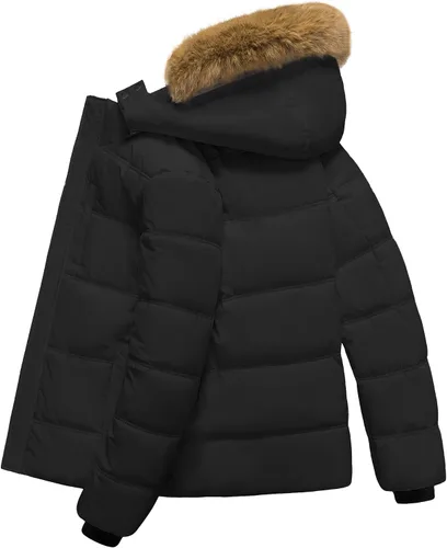 Vista 2 de Chaqueta acolchada para hombre, abrigo de invierno con capucha de piel, impermeable y resistente al viento, forro polar, 4 bolsillos Negro