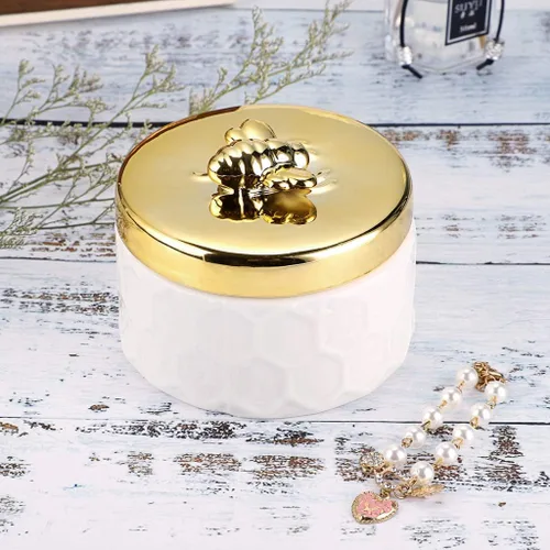 Vista 7 de Hipiwe Joyero de cerámica con tapa de abeja dorada, organizador de exhibición de joyas pequeño, contenedor de almacenamiento para decoración