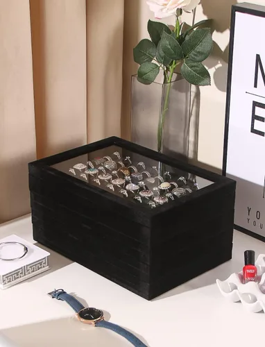 Vista 3 de Organizador de 4 bandejas de joyería con tapa, caja de almacenamiento apilable para anillos, aretes, collares, pulseras, estuche organizador