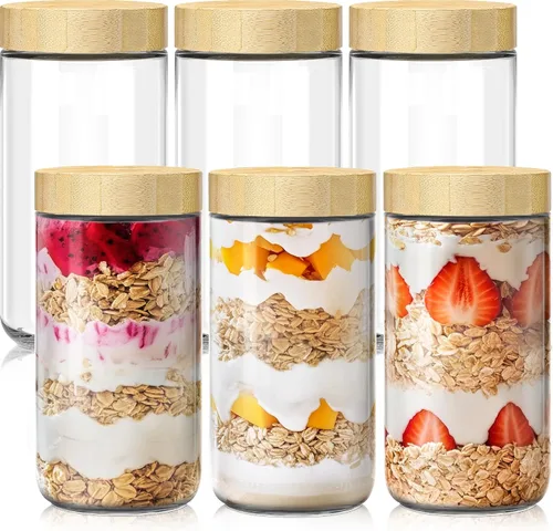 Vista 16 de Paquete de 2 recipientes para avena nocturna de 10 onzas con tapas de bambú, frascos de vidrio con tapas herméticas para preparación de comidas