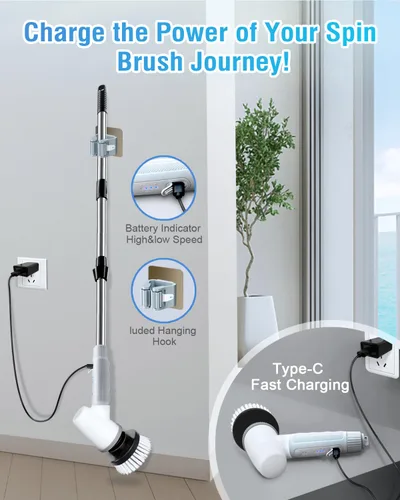 Vista 4 de Cepillo Eléctrico Giratorio de Baño - Cepillo de Ducha Inalámbrico con Mango Ajustable, 2 Velocidades, Cepillo de Baño con 8 Cabezales de Cepillo